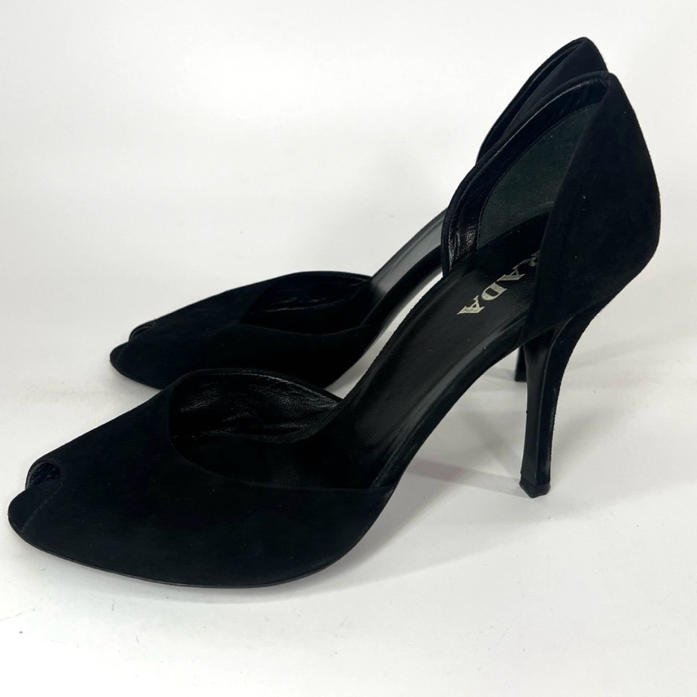 Vintage Prada Black Suede Peeptoe Stiletto Pumps D’Orsay Style Size 39 US 9 Nine - Picture 2 of 10